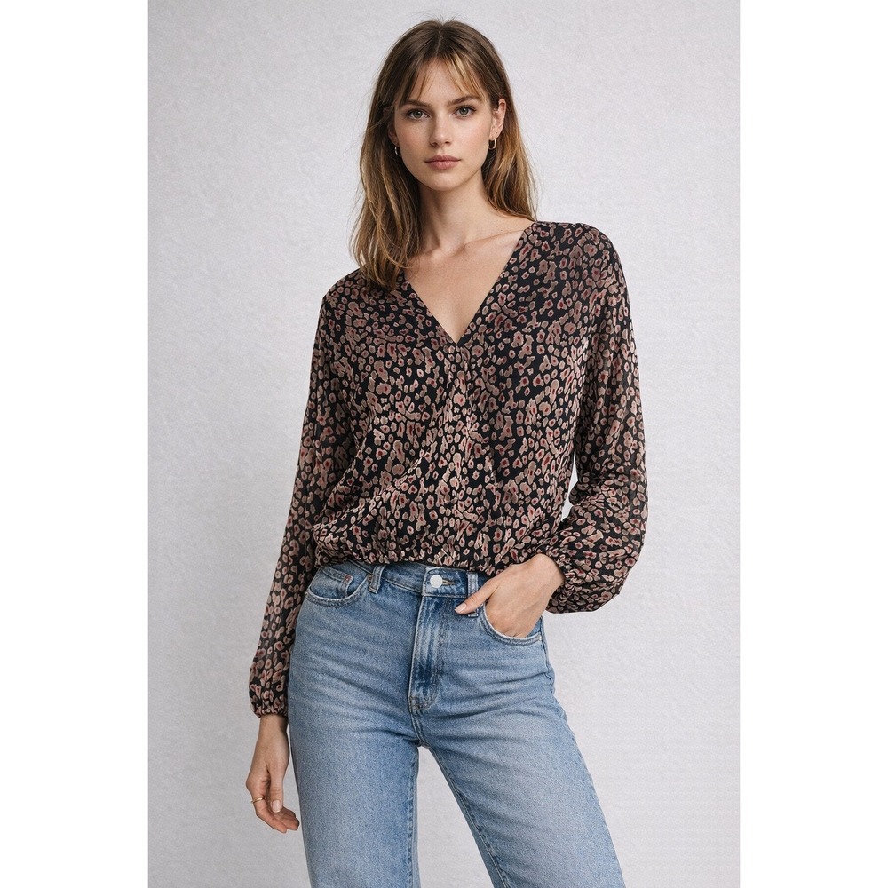 White House Black Market Velvet Burnout Animal Print Blouse V-Neck Pink Black XS